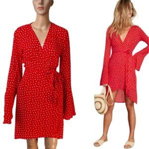 Faithfull The Brand wrap floral dress Sze 12 long sleeve red designer RRP $219